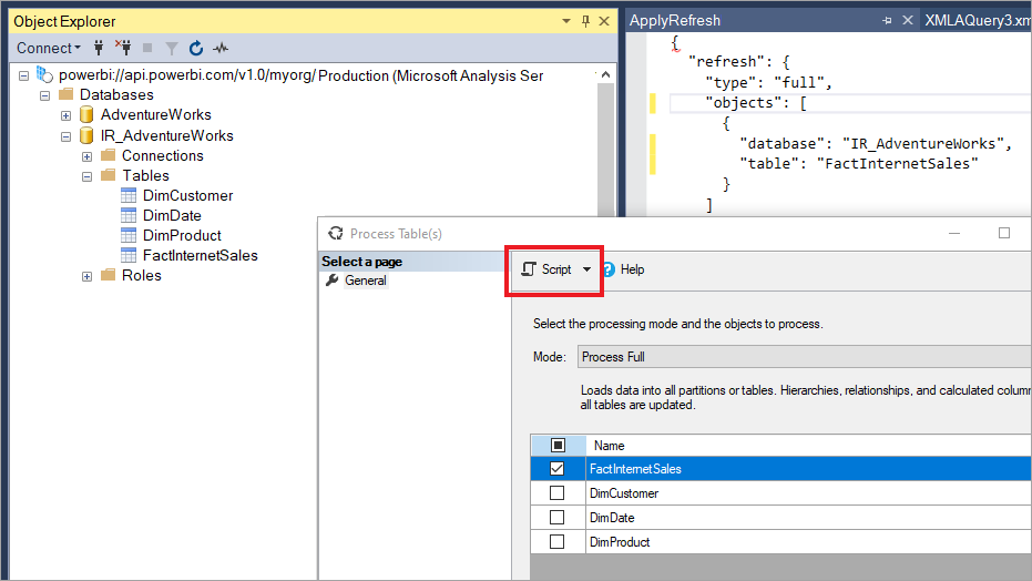 Screenshot of the Script button in the Process Table dialog.