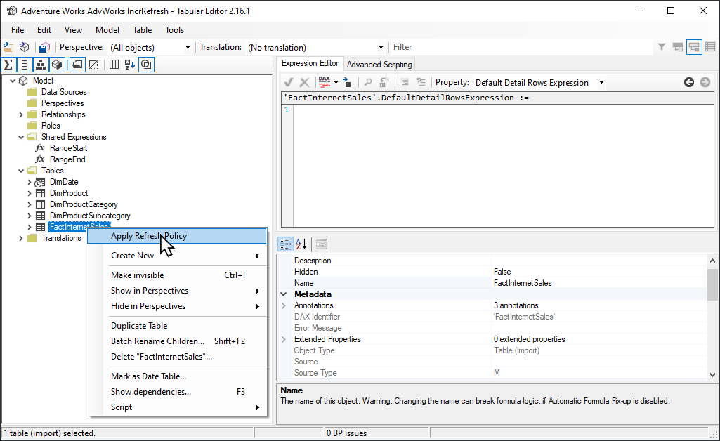 Screenshot shows the Tabular Editor with Apply Refresh Policy selected.