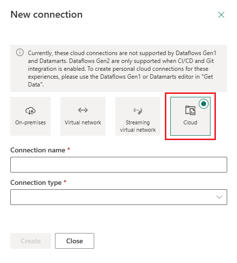 Screenshot of the New connection dialog in the Power BI service. Three types of connections are listed. Among them, Cloud is highlighted.