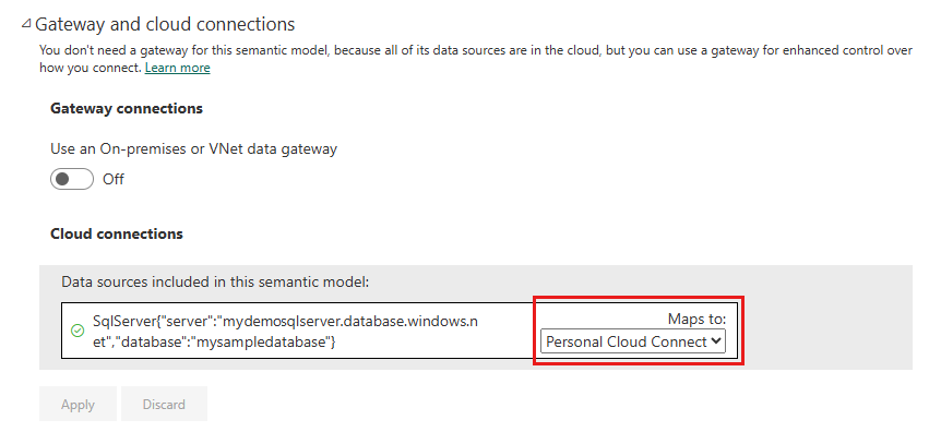Screenshot of the gateway and cloud connection settings for a semantic model. The data source is mapped to a personal cloud connection.