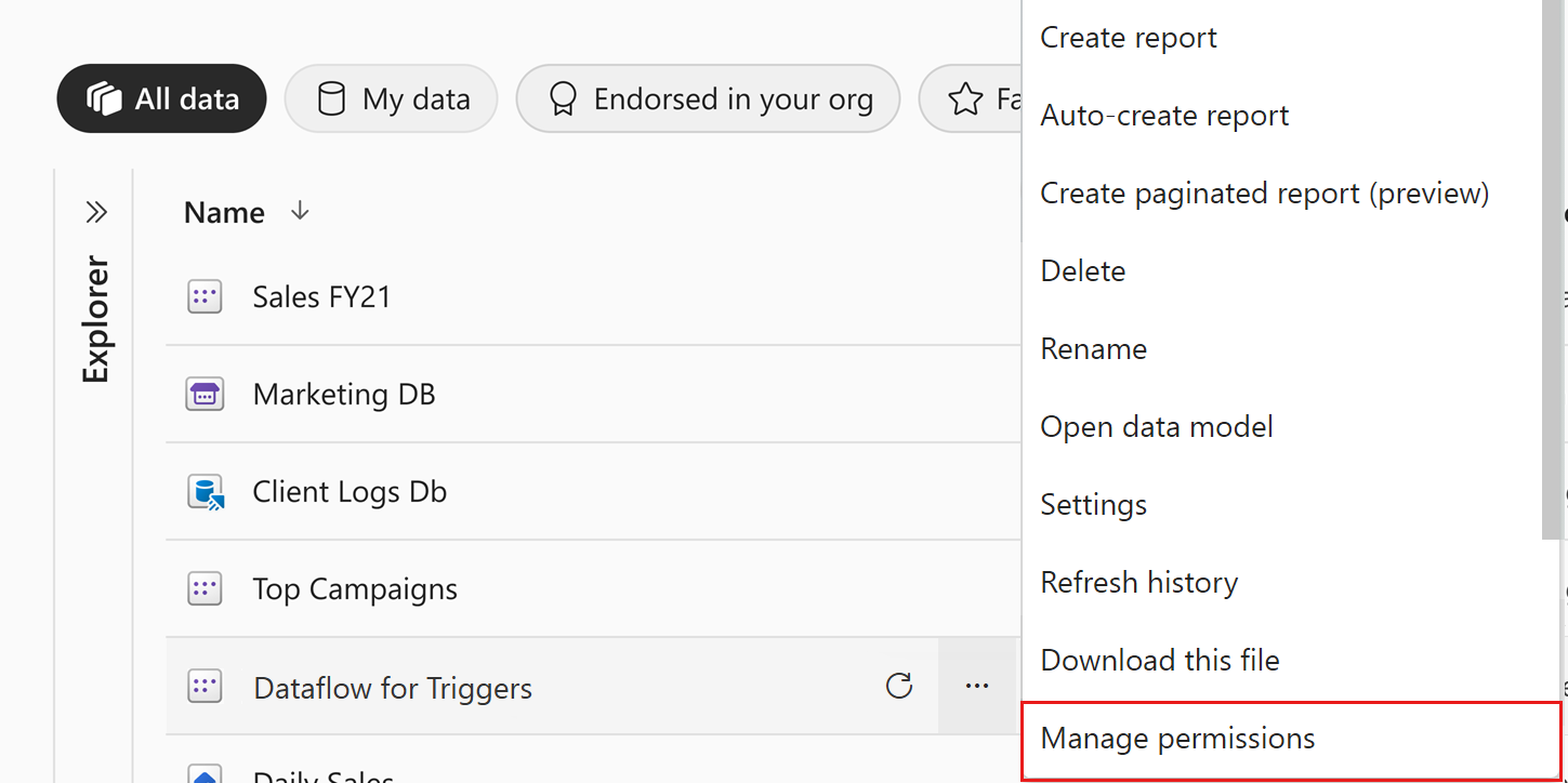 Screenshot of menu command to open the semantic model manage permissions page from the list of items in a workspace or the OneLake catalog.