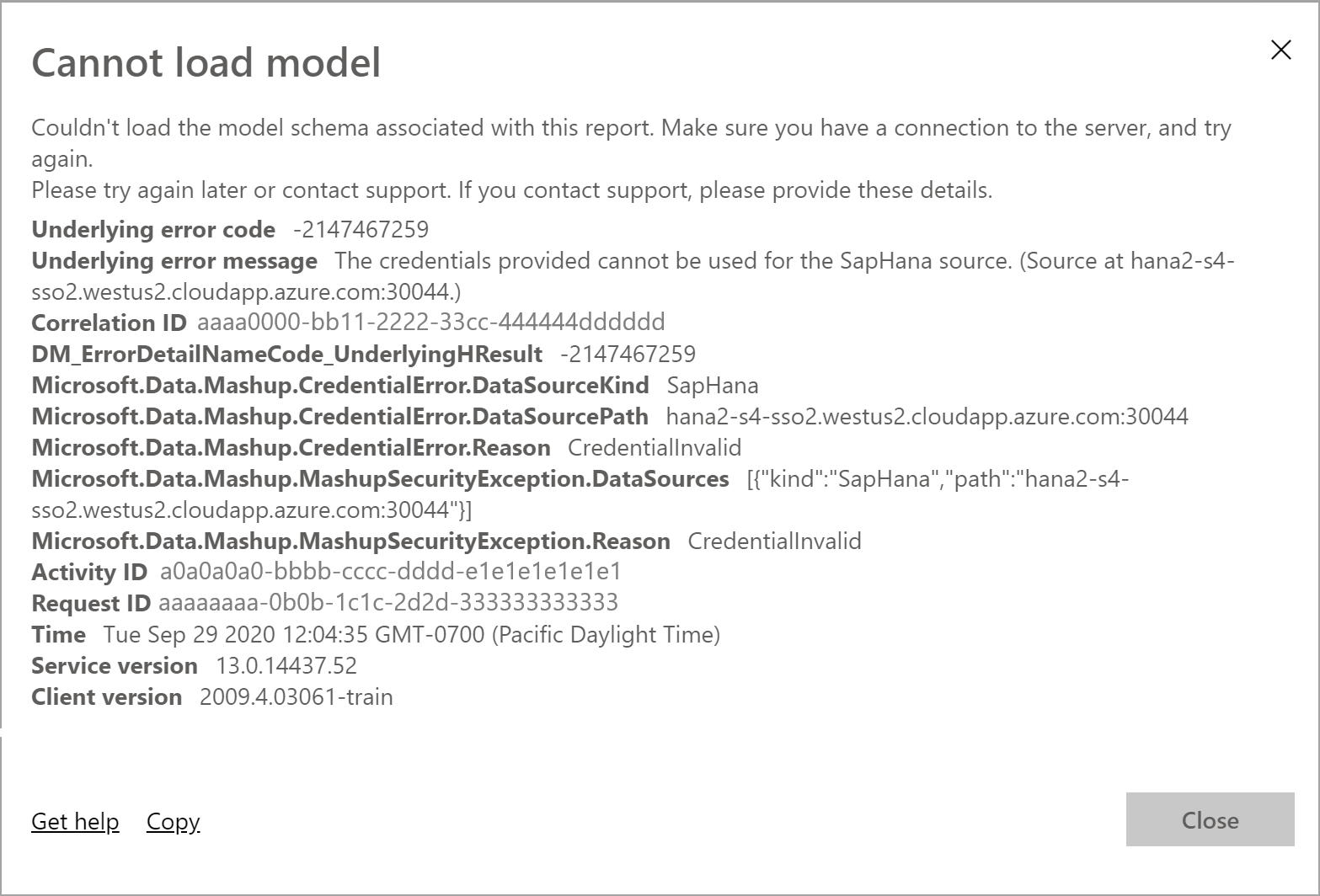 Screenshot of a Cannot load model troubleshooting SSL error window.