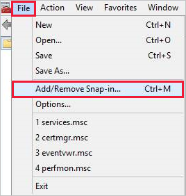 Screenshot of the Add/Remove Snap-in command in Microsoft Management Console.