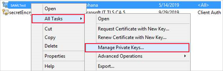 Screenshot of the Manage Private Keys command.