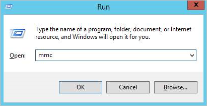 Screenshot of the gateway machine Run window for running Microsoft Management Console.