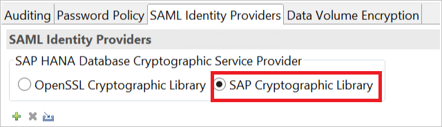 Screenshot of the SAML Identity Providers pane with the SAP Cryptographic Library option selected.