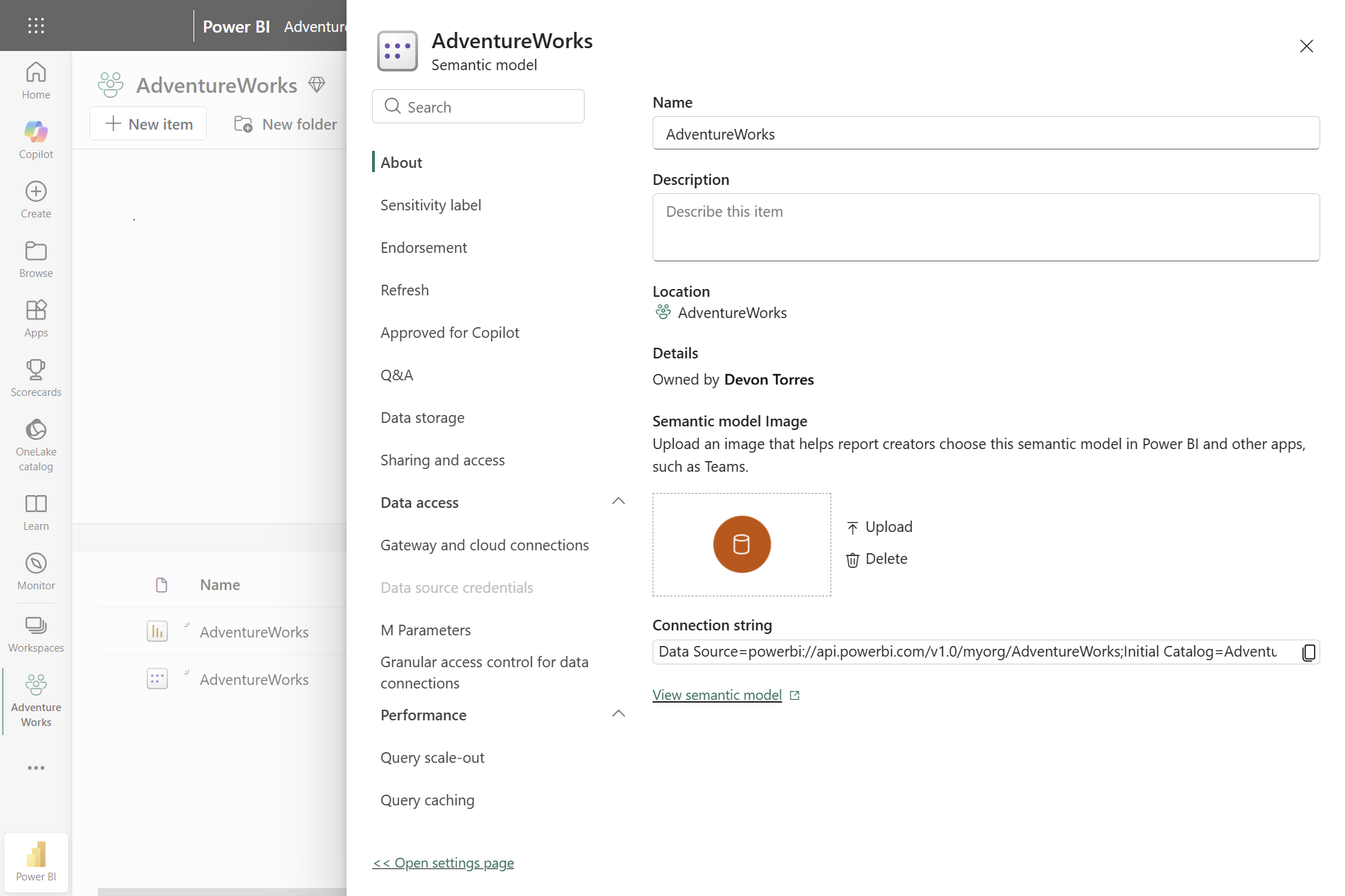 Screenshot of the semantic model settings pane open on the right side of a semantic model page in the Power BI service.