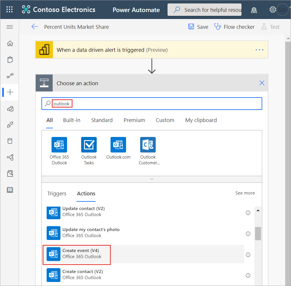 Screenshot of the Choose an action dialog with the Create event option.