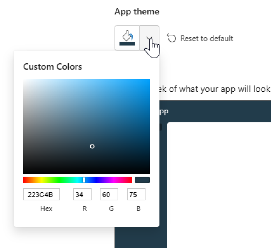 Screenshot of App theme in Customize with the color picker open to Custom Colors and the Reset to default option.
