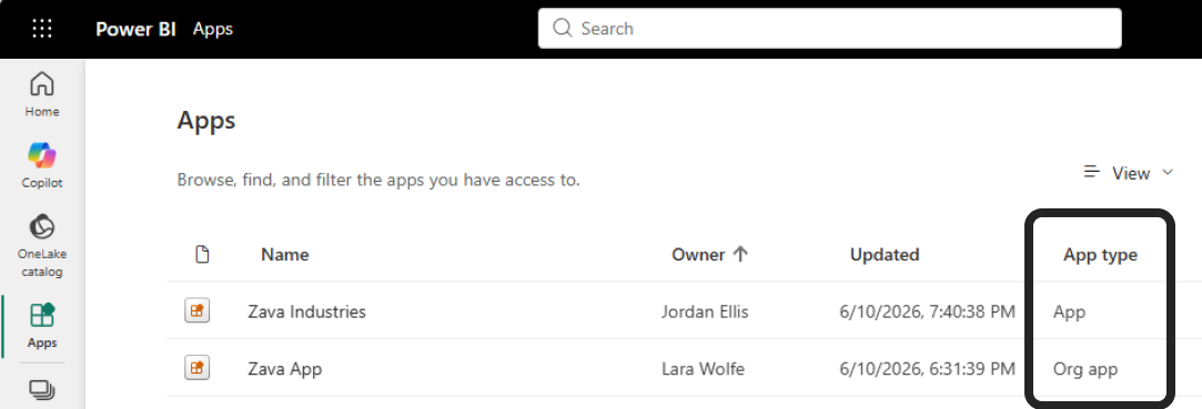 Screenshot of the Apps list showing the App type column with values App and Org app.
