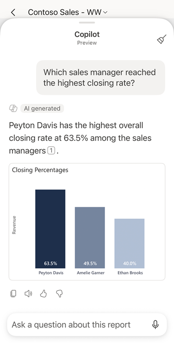 Screenshot of the features of the Copilot in Power BI Mobile chat pane.