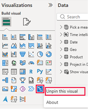 Screenshot of option to unpin a visualization from the visualizations pane.