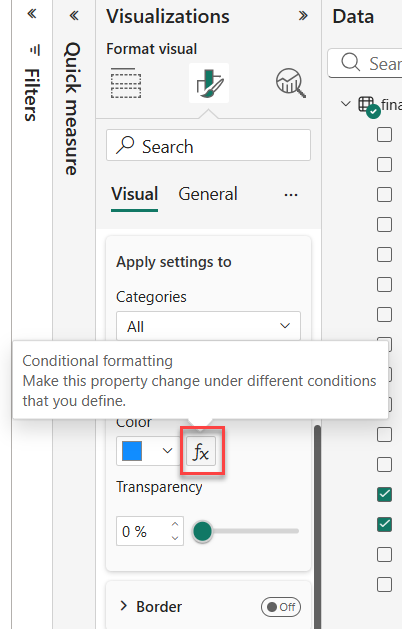 Screenshot of the Colors card under Columns showing the fx button for conditional formatting.