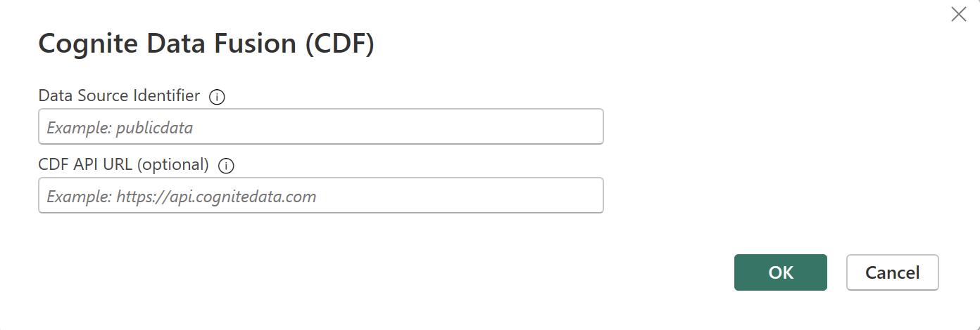 Screenshot of the connection settings where you configure the CDF OData connector in Power BI Desktop.