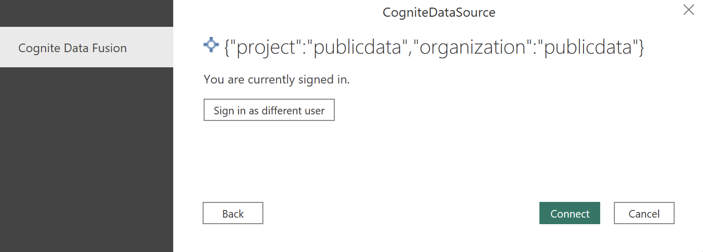 Screenshot of the authentication dialog where you're signed in and ready to connect.