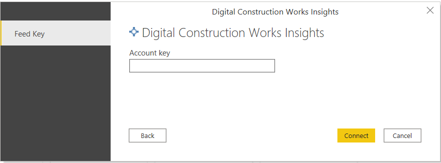 Screenshot of the DCW Insights JWT authentication dialog with blank Account key in which to enter the JWT.