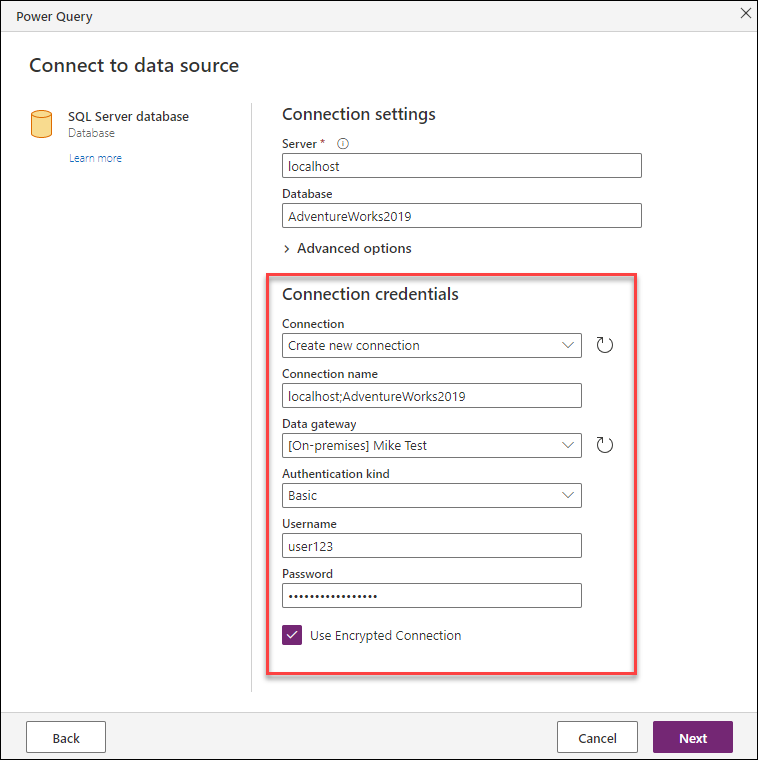 Screenshot of the connection credentials of the SQL Server database connector where the user entered a data gateway, a new connection name, and the credentials using the Basic authentication kind.