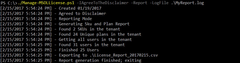 Output from running the Manage-MSOLLicense script.