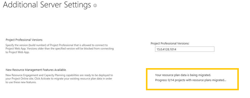 Project Online: Additional Server Settings dialog shows progress of the migration of resource plan data.