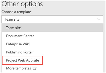 Selecting the Project Web App site template.