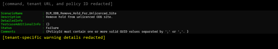 Screenshot of the cmdlet result showing that the policy ID isn't a valid GUID.