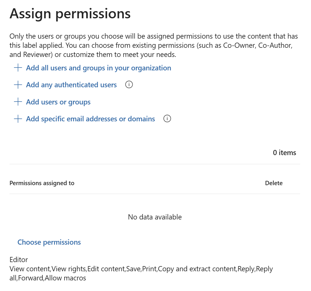 Encryption options to assign permissions to users.