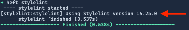 Run the Heft stylelint command displaying the Stylelint version number