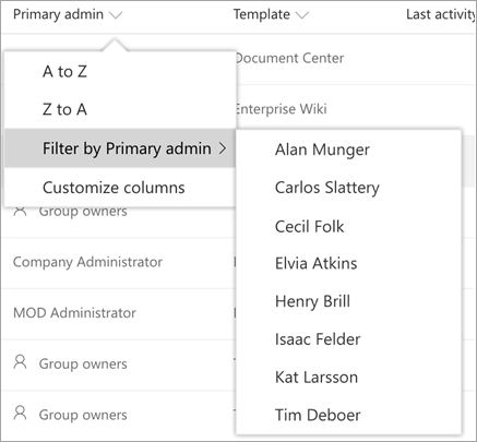 Filter options for the Primary admin column