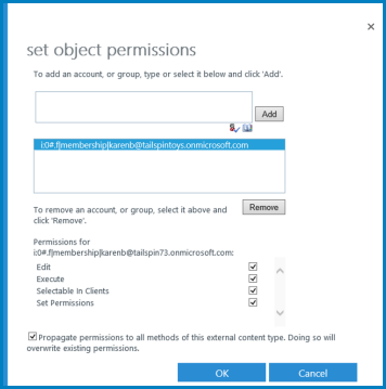 A screenshot of the Set Object Permissions dialog for Business Connectivity Services in SharePoint.