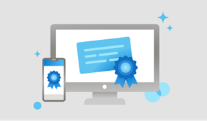 Illustration of a desktop and mobile device that display an award.