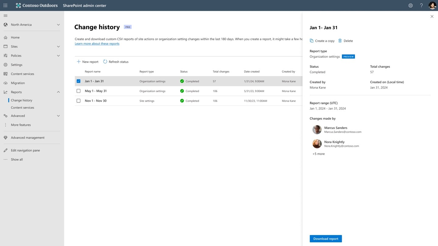 Screenshot of change history dashboard with a prefilled new report panel.