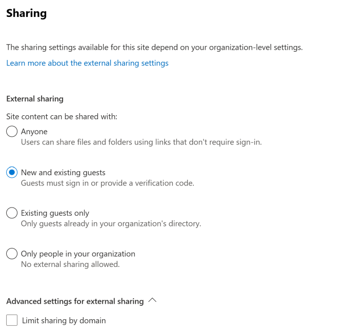 Changing the external sharing setting for a site