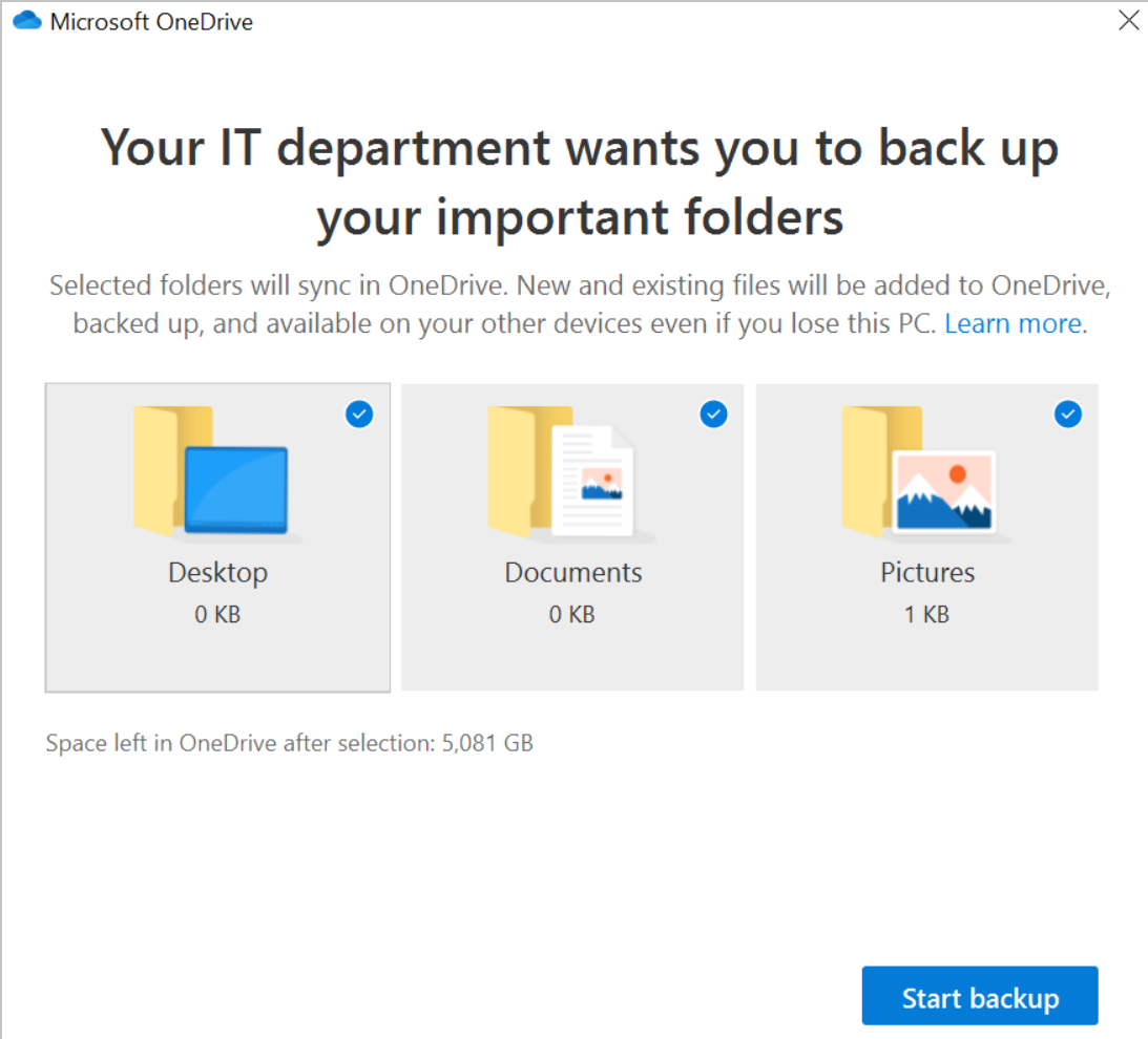 Window prompting users to backup important folders