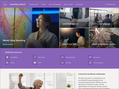 Screenshot of the Learning Central SharePoint communication template.