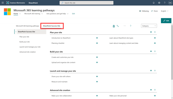 Image of the M365 learning pathways, SharePoint success site page