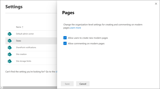 Pages settings in the new SharePoint admin center
