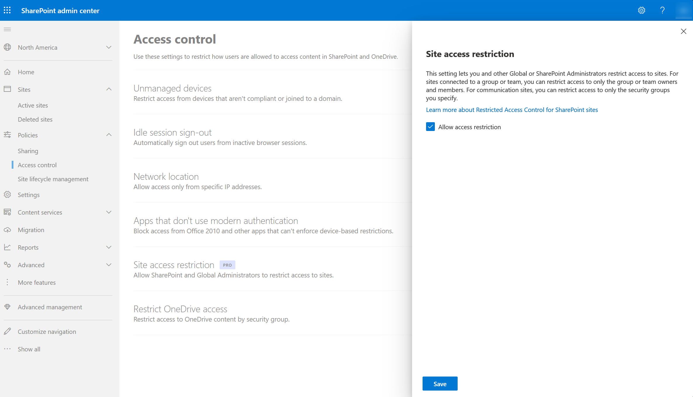 screenshot of restricted access control in sharepoint admin center dashboard.