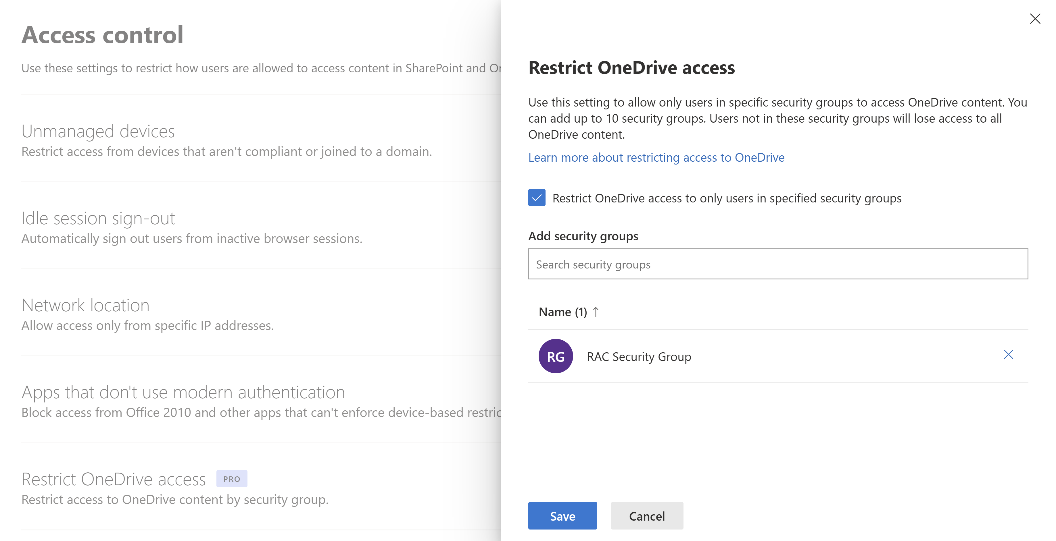 Restrict OneDrive access on the Access control page in the SharePoint admin center