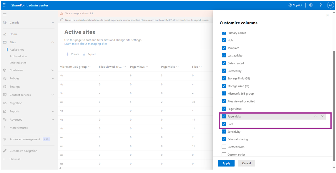 Screenshot of how to move columns up and down.