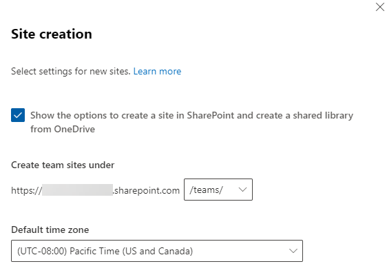 Site creation settings in the SharePoint admin center