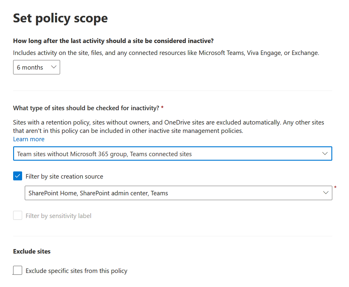 screenshot of site lifecycle management set policy scope.