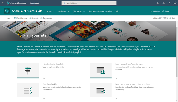 Image of the SharePoint Success Site landing page, Plan your site
