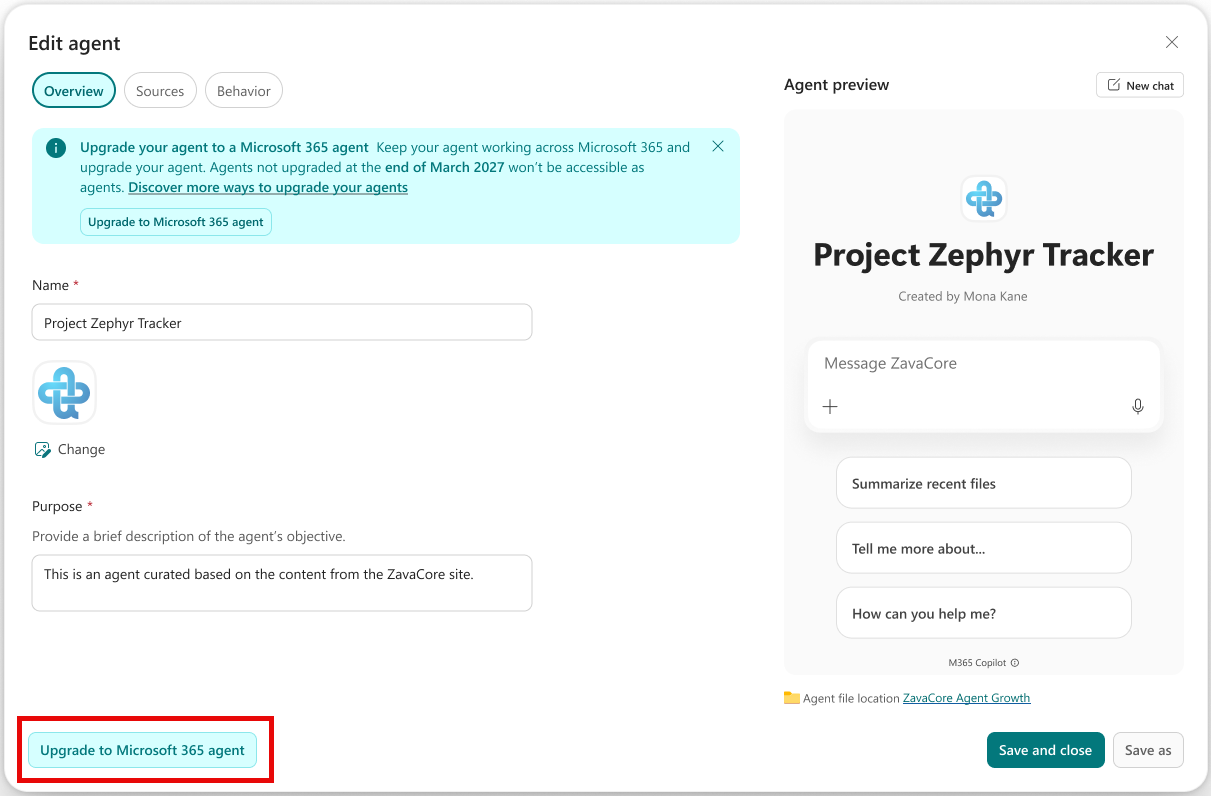 Screenshot of SharePoint Builder showing the Upgrade banner and 'Upgrade to Microsoft 365 Agent' buttons.