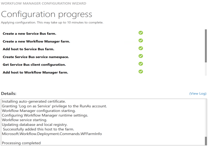 A screenshot showing the SharePoint Workflow Manager configuration wizard completing successfully.
