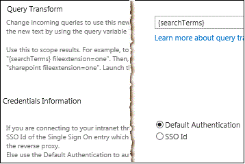 Query Transform and Credentials Information sections on New Result Source page in SP15