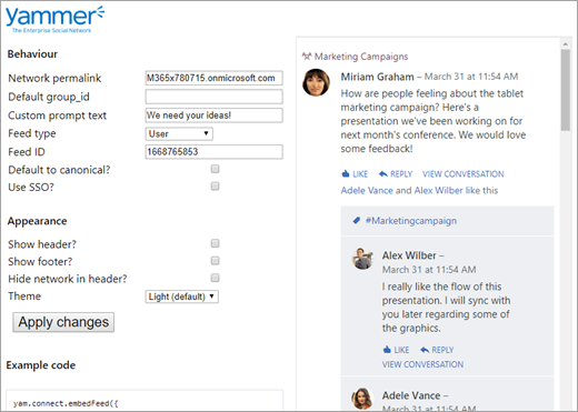 Screenshot of the Yammer Embed configuration tool