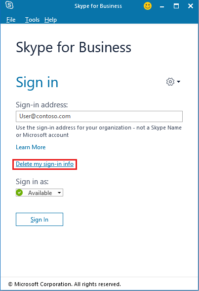 Screenshot that shows the Delete my sign-in info option in the Sign in page.