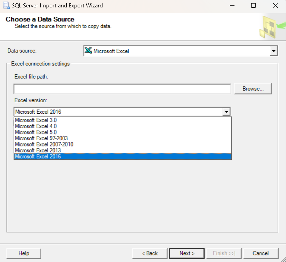 Screenshot of the Import and Export Excel Wizard in SSMS with Microsoft Excel 2016 selected.