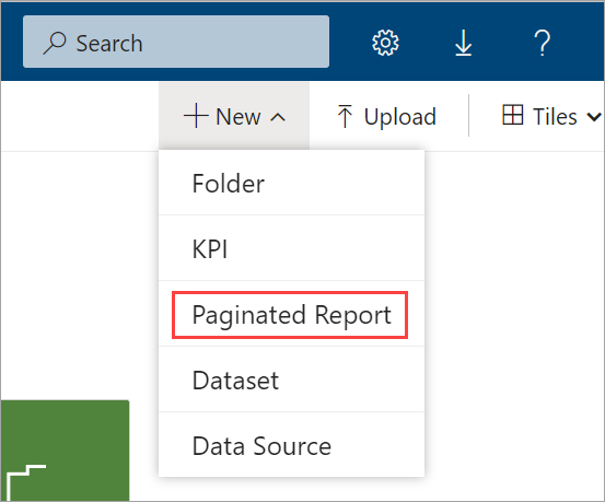 Screenshot of the New Paginated Report menu.