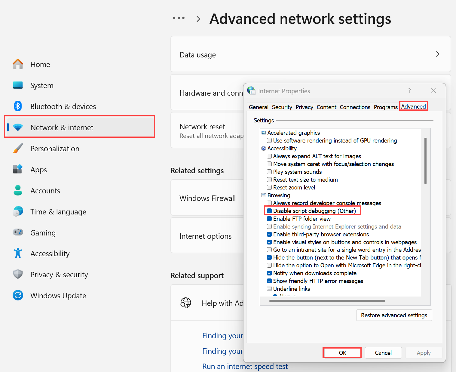 Screenshot that shows how to select 'Disable script debugging' options in Windows Control Panel.